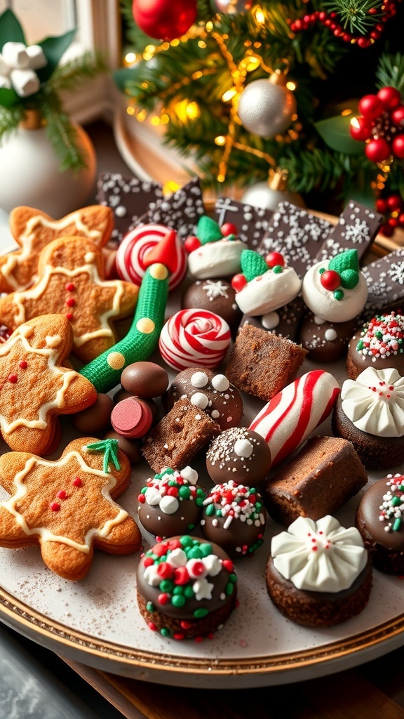 A festive platter of assorted Christmas desserts including cookies, truffles, and peppermint bark.